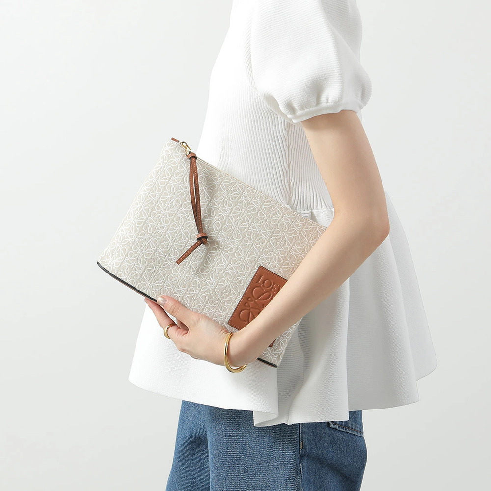 Loewe Oblong Pouch Clutch Bag Jacquard Calfskin Anagram Leather ECRU TAN